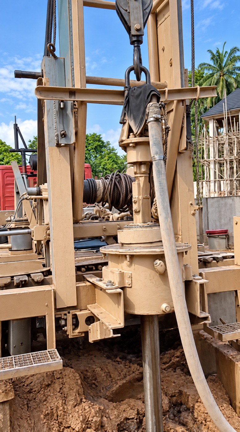 Close view of the drilling assembly, cables and hose