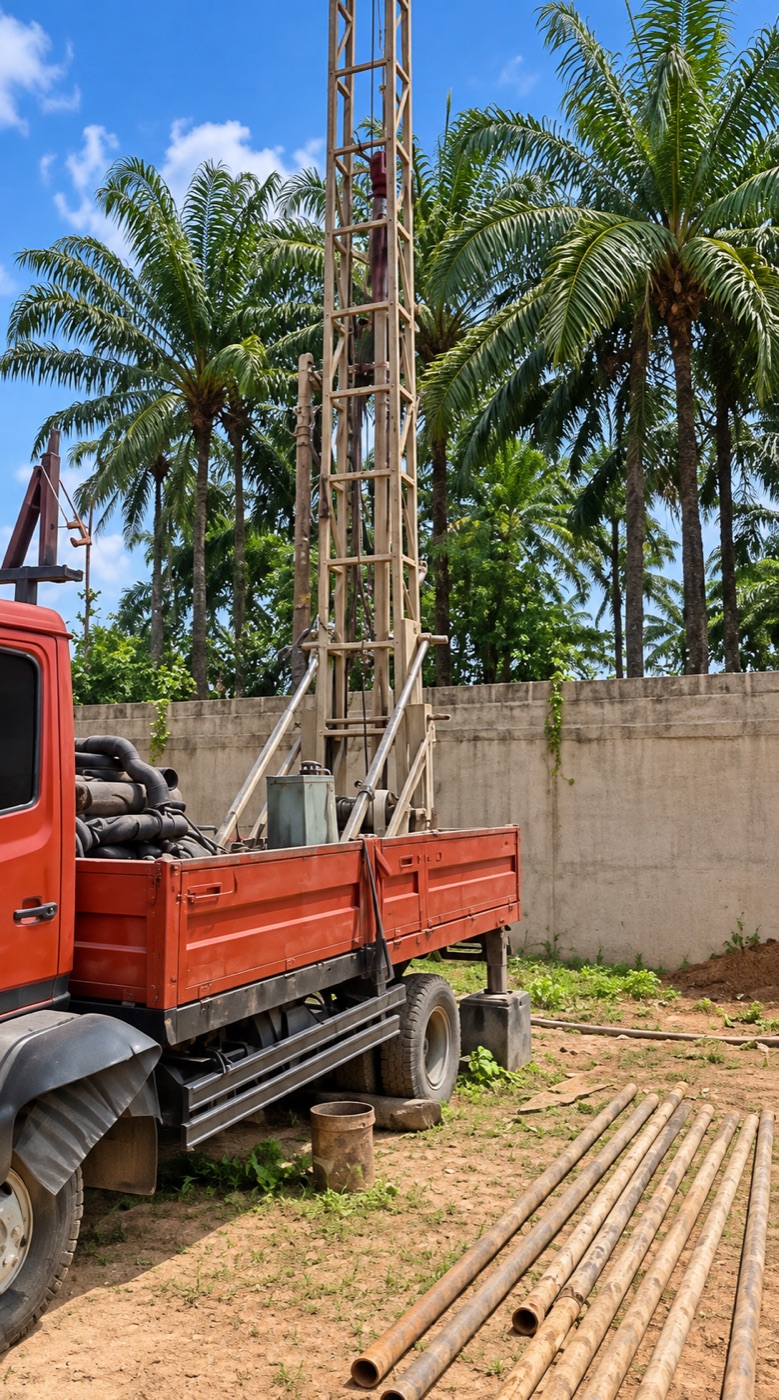Truck-mounted drilling rig with its mast raised beside stacked drill pipes