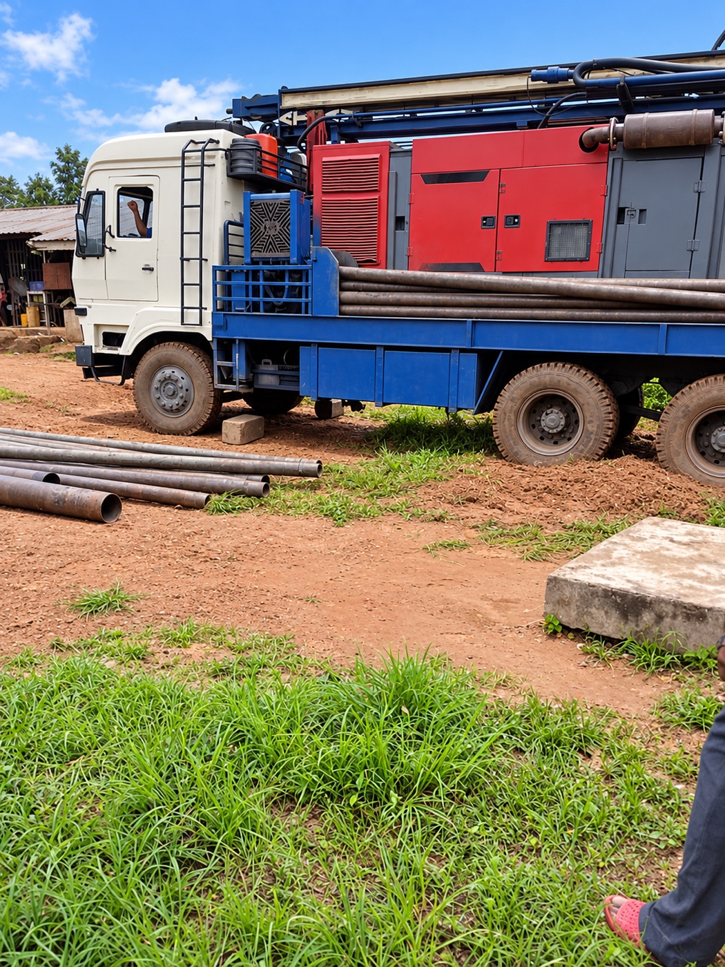 Truck-mounted drilling equipment and drill pipes prepared on site