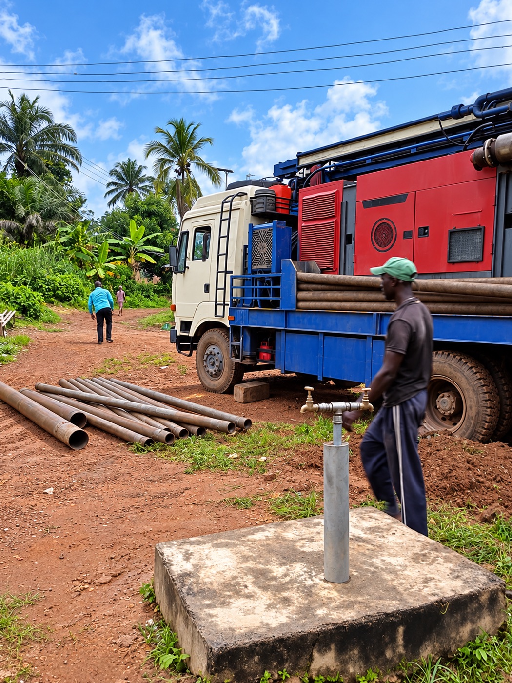 Water outlet in the foreground with a drilling truck and pipes behind